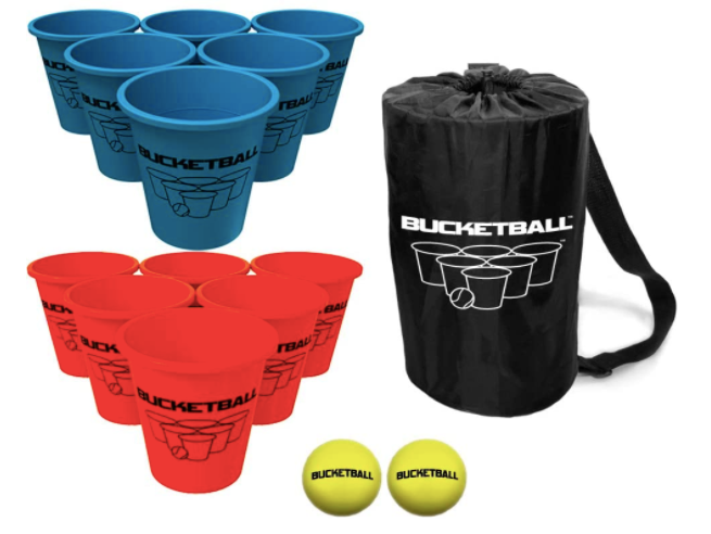 BucketBall - 2 yellow balls, 6 blue bucket, 6 red buckets, and a black carrier sack